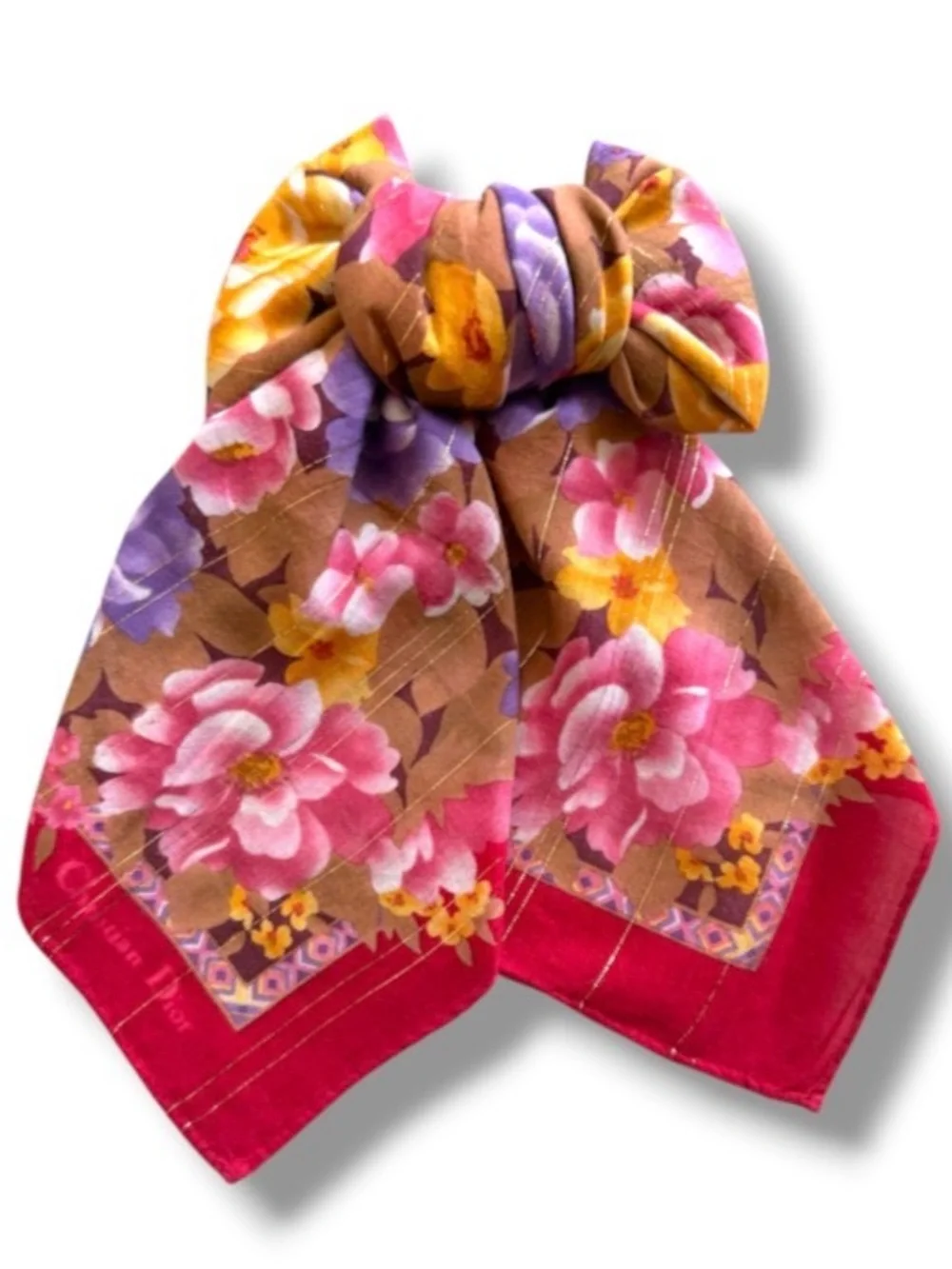Christian Dior Scarf Vibrant Multicolor Floral Print Gold Shimmer Bandanna